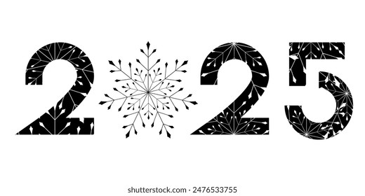 Vector. Happy new year 2025 logo text design. Black and white snowflake pattern. Design templates with 2025 typographic logo. Collection of happy new year 2025 symbols. Horizontal background.