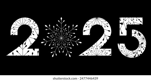 Vector. Happy new year 2025 logo text design. Black and white snowflake pattern. Design templates with 2025 typographic logo. Collection of happy new year 2025 symbols. Horizontal background.