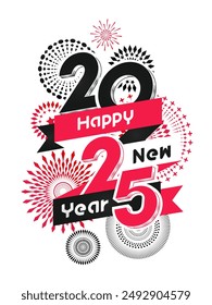 Vector Happy New Year 2025 with fireworks and text design on black background.