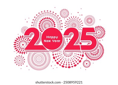 Vector Happy New Year 2025 with fireworks and text design on black background.
