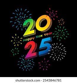 Vector Happy New Year 2025 with colorful fireworks and typography design.
