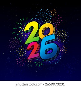 Vetor Feliz Ano Novo 2026 com fogos de artifício coloridos e design de tipografia.
