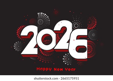 Vector Feliz año Nuevo 2026 con fondo de fuegos artificiales y diseño de tipografía.
