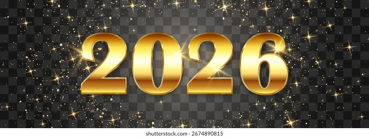 Vector Happy New Year 2026 Gold Partikel Design. Vektor Luxus Licht funkelt. Vektorgold Glitzerpartikel glänzen einzeln auf png Hintergrund