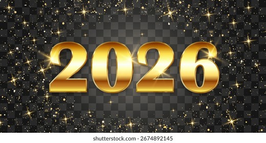 Vector Happy New Year 2026 gold particles design. Vector luxury light sparkles. Vector gold glitter particles shine isolated on png background