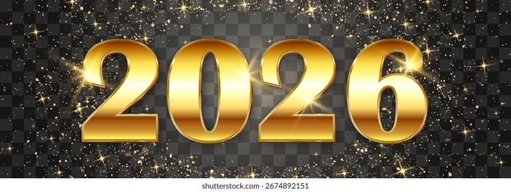 Vector Happy New Year 2026 Gold Partikel Design. Vektor Luxus Licht funkelt. Vektorgold Glitzerpartikel glänzen einzeln auf png Hintergrund
