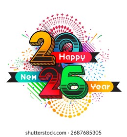 Vetor Feliz Ano Novo 2026 com fogos de artifício coloridos e design de tipografia.
