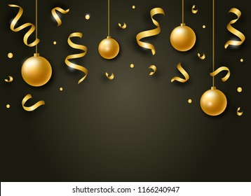 Vector Happy New Year background with golden shiny ribbons, balls and confetti