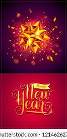 Vector Happy New Year background. Vertical banner. Holiday Illustration with shiny gold bow, ribbon, confetti and Happy New Year greeting lettering. Vector illustration. EPS