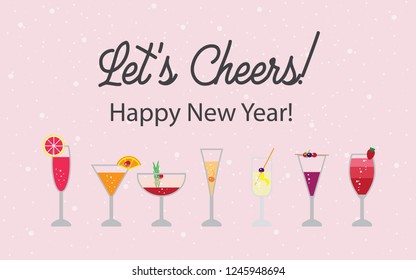 Vector Happy New Year background with Champaign Cocktail Illustration Designs and Let's Cheers Text in light pink background. Template for banners, posters, greetings card, other celebration.