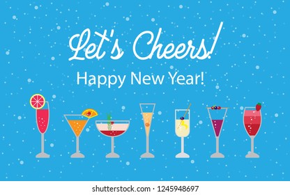 Vector Happy New Year background with Champaign Cocktail Illustration Designs and Let's Cheers Text in blue background. Template for banners, posters, greetings card, other celebration.