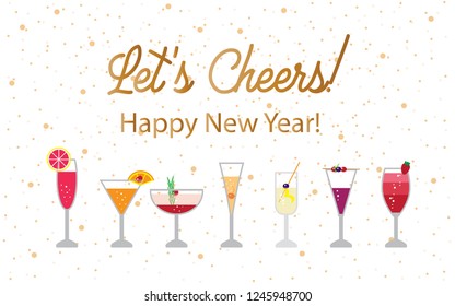 Vector Happy New Year background with Champaign Cocktail Illustration Designs and Let's Cheers gold text in white background. Template for banners, posters, greetings card, other celebration.