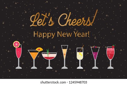 Vector Happy New Year background with Champaign Cocktail Illustration Designs and Let's Cheers gold text in black background. Template for banners, posters, greetings card, other celebration.