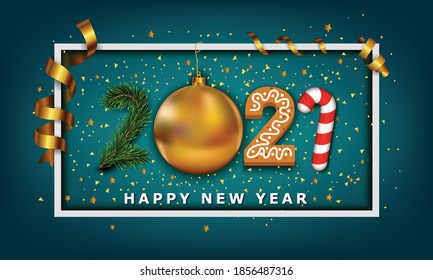 Vector Happy New Year background. 2021 number made from golden christmas ball bauble, stripes elements, cookie, candy and christmas tree