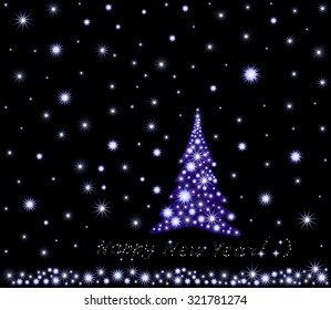 Vector Happy New Year background with snowflakes and Christmas tree in night snowy forest