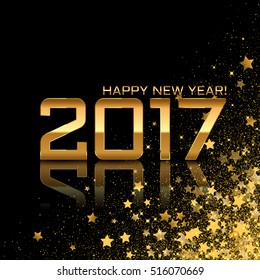 Vector Happy New year background with shiny stars and glitter on black