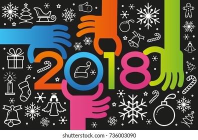 Vector Happy New Year background. Color design with numeral 2018, christmas icons, people's hands and circles.  The file is saved in the version 10 EPS. This image contains transparency.