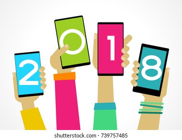 Vector Happy New Year background. Color design with numeral 2018, christmas icons, smartphone, people's hands.  The file is saved in the version 10 EPS. This image contains transparency.
