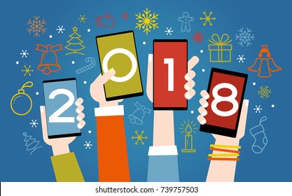 Vector Feliz Año Nuevo de fondo. Diseño de color con números 2018, iconos de navidad, smartphone, manos de la gente.  El archivo se guarda en la versión 10 EPS. Esta imagen contiene transparencia.