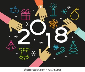 Vector Happy New Year background. Color design with numeral 2018, christmas icons, people's hands and circles.  The file is saved in the version 10 EPS. This image contains transparency.