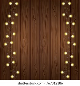 Vector happy new year background. Festive lights on wooden background . Festive christmas decorations. Isolated realistic design elements. Glowing lights for Holiday greeting card design. Garland