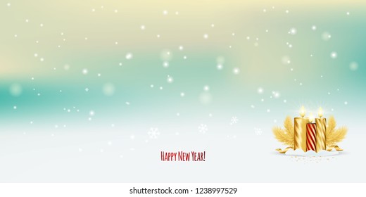 Vector Happy New Year banner with candles, pine on winter snow background