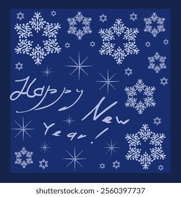 Vector Happy New Year! Beautiful snowflake of different sizes and dark blue background. You can use it on postcards, posters, notebooks.