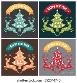 Vector : Happy New Year Big Sale 2016 Brochure, Leaflet or Banner With Reindeer and Christmas Tree Graphic