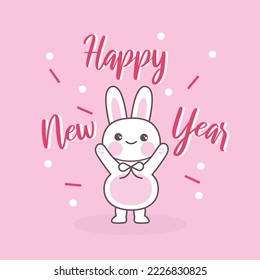 Vector Happy New Year card with cute rabbit bunny hare Chineese lunar. Cute pink color. 2023 new year	
