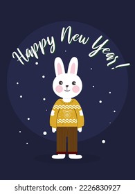 Vector Happy New Year card with cute rabbit bunny hare Chineese lunar. Cute yellow blue color.	
