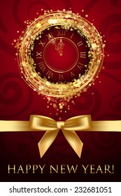 Vector Happy New Year card with clock and ribbbon
