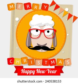 Vector Happy New year card with hipster sheep on scrap booking card with mustache and glasses .