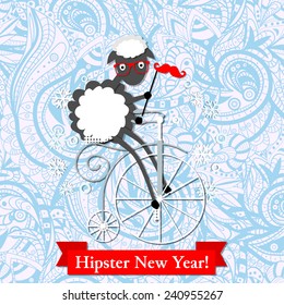 Vector Happy New year card with hipster sheep on the vintage bicycle, with mustache and glasses .
