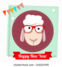 Vector Happy New year card with hipster sheep on scrap booking card with glasses .