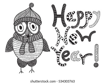 Vector Happy New Year Card with Doodle Owl