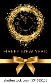 Vector happy New Year card with gold clock 