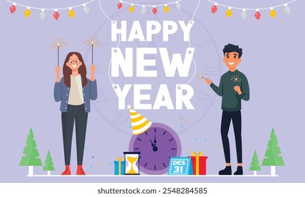 Vector Happy New Year celebration background Women and men celebrate new year party Happy New year
