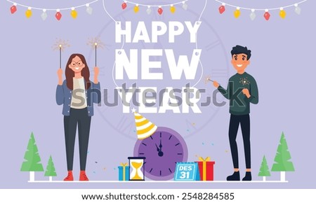 Vector Happy New Year celebration background Women and men celebrate new year party Happy New year