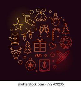 Vector Happy New Year circular colored illustration in thin line style on dark background