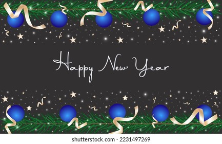 Decoración de Año Nuevo Vector Feliz con fondo oscuro. Frontera de vacaciones sin inconvenientes, marco con ramas de árbol de abeto decoradas con bolas de Navidad azules, luces, confeti dorado y estrellas