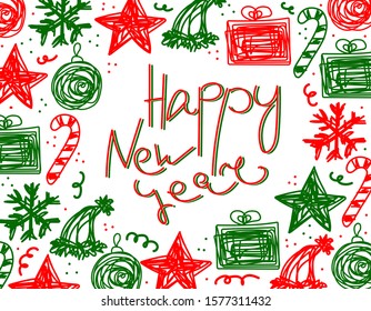 Vector Happy New Year frame with lettering or place for text. Tangled text and decorative elements for winter holidays isolated on white background. Christmas messy balls, candies, gifts, snowflakes