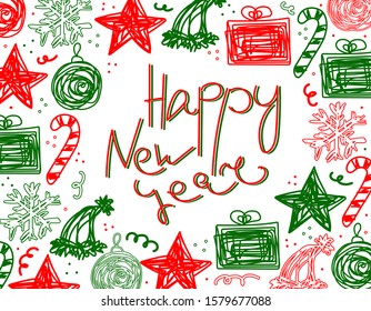 Vector Happy New Year frame with lettering or place for text. Tangled text and decorative elements for winter holidays isolated on white background. Christmas messy balls, candies, gifts, snowflakes