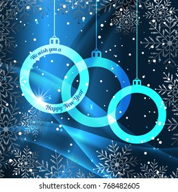 Vector Happy New Year gradient blue background with Christmas balls silhouette, snowfall, waves and glow.
