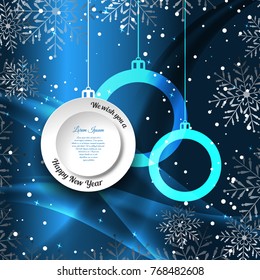 Vector Happy New Year gradient blue background with Christmas ball label and balls silhouette, snowfall, waves and glow.