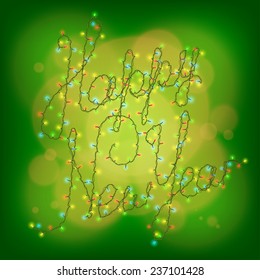 Vector. Happy new year. Green background. Christmas garland. Christmas lights.