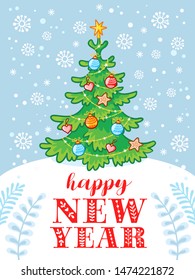 Vector happy new year greeting card. Christmas illustration on the Christmas theme with a New Year tree.