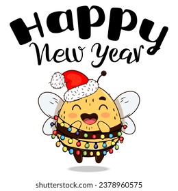 Vector  Happy New Year greeting card  with cute bee with red hat and gerland. Hand drawn lettering happy new year. Vector objekt in cartoon sketch style. 