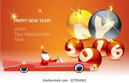 Vector Happy neues Jahr Grußkarte mit Weihnachtsmann fährt Cabriolet und Text auf Glaskugeln. Mit Platz für Ihren fabelhaften Grußtext