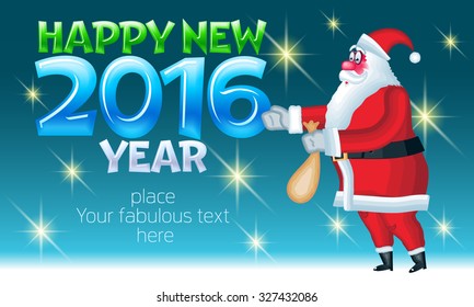 Vector Happy new year greeting card with Santa Claus  delivery gifts and text with glass colorful font. With place for your fabulous greeting text