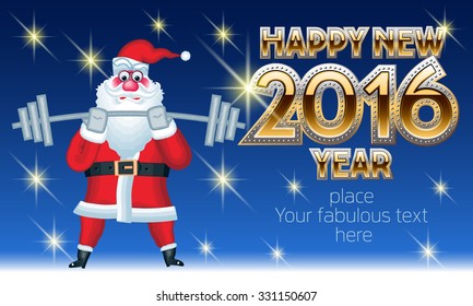 Vector  Happy new year greeting card with sporty Santa Claus weightlifter and golden  text. With place for your fabulous greeting text